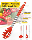 Silicone Pasta Fork and Ladle Spoon Set, Large Non Stick Kitchen Utensils for Cooking,Stirring,Serving Spaghetti, Soup, Sauce (RED) by CozyNest Decor