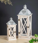 Set of 2 Large Farmhouse Wooden Metal Lanterns, Rustic Decorative Floor Candle Lanterns, Whitewash Distressed Hanging Lanterns for Home Decor (No Glass) by CozyNest Decor