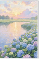 The hydrangea scenery all over the lake at sunset is suitable for posting in the living room bedroom office landscape poster wall painting by CozyNest Decor
