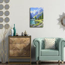 Landscape wall painting of mountain forest lakeside cabin under blue sky and white clouds natural oil painting poster suitable for living room bedroom office by CozyNest Decor