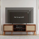 TV Stand for TVs up to 65'', Entertainment Center With Rattan Door, Shelves & 2 Cabinets, Long Boho Media Console for Living Room, Walnut by CozyNest Decor