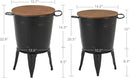 Rustic Storage Farmhouse Accent Side Table, Antique Galvanized Metal End Coffee Cocktail Table Box Bin with Round Wooden Lid Set of 2 (Black) by CozyNest Decor
