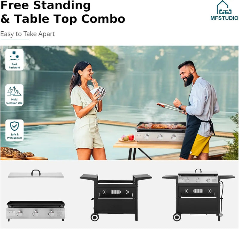 MFSTUDIO 27 Inch Flat Top Propane Gas Griddle Grill, Ceramic Coated Cast Iron Pan, Outdoor Flattop Grill with Lid for Cooking, photo 4 of 6