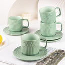 Large Cappuccino Cups with Saucers Set of 4, 8 Ounce Stackable Embossed Ceramic Coffee Mugs for Specialty Coffee Drinks, Latte, Cafe Mocha and Tea, Dishwasher & Microwave Safe (Green) by CozyNest Decor