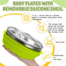 Nuogo 1 Pcs Stainless Steel Baby Suction Plates with Removable Silicone Shell 2-in-1 Metal Toddler Bowl Divided for Picky Eaters Kid Feeding Led Weaning Supply, Dishwasher Safe (Green) by TinyTreasures Baby Boutique