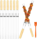Skewers for Grilling, 17" (6 Pcs) Wooden Handle Double Pronged Stainless Steel Flat Kabob Skewers with Push Bar, Reusable Long Metal Skewer Sticks for Meat Chicken Vegetable, BBQ Accessories by GreenHaven Gardens