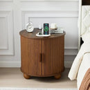 AVZEAR 24" Large Round End Table with Charging Station, Farmhouse Fluted Sofa Side Table with Sliding Tambour Door & Storage, Mid-Century Wood Nightstand for Living Room, Bedroom, Walnut by CozyNest Decor