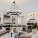 Black Wagon Wheel Chandelier, 36 Inch Black Chandeliers with Unique Glass Shade, 9-Light Crystal Farmhouse Wagon Wheel Chandeliers for Dining Room, Round Chandelier for Living Room, Foyer, Entryway by CozyNest Decor