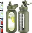 32 oz Glass Water Bottle with Straw and Handle, Sports Motivational Water Flask with Silicone Sleeve, Large Leakproof Water Flask Cup with Time Marker for Travel, Gym, Army Green by CozyNest Decor