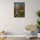 Small house by the stream under the moonlight tranquil style suitable for living room bedroom and office landscape poster wall art by CozyNest Decor