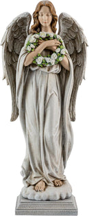 Garden Angel with Flower Wreath Statue - 16" Outdoor Memorial Angel Decor by GreenHaven Gardens