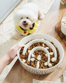Ceramic Slow Feeder Dog Bowls Elevated for Small and Medium Breed with Wooden Stand, 1.5 Cups Dog Dishes to Slow Down Eating, Anti-Gulping Pet Feeding Dishes,White by CozyNest Decor