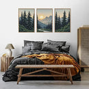 HLNIUC Mountain Forest Sun Framed Wall Art,Large Boho Pine Tree Canvas Wall Decor Set of 3(16”x24”)Ridge Mountain Landscape Picture Prints,Natural Sunset Woodland Wall Painting for Living Room,Bedroom by CozyNest Decor