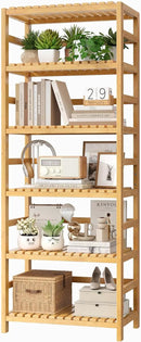 FOTOSOK 6-Tier Bamboo Shelf, Bamboo Bookcase with Adjustable Shelves, Free Standing Storage Shelf Unit, Plant Flower Stand for Kitchen, Bathroom, Home Office, Natural by CozyNest Decor