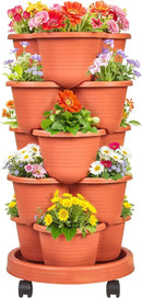 VECELO 5 Tier Vertical Garden Planter, Self Watering Stackable Planters with Wheels for Strawberries, Herbs, Flowers, Vegetables, Red by CozyNest Decor