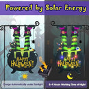 Halloween Lighted Garden Flag for Outside, Led Solar Yard Flag 8 Modes Witch Feet Shape Flag, 12x18 Double Sided Cauldron Eyeball Black Cat Decorations for Home Porch by CozyNest Decor