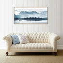 Indigo Framed Canvas Wall Art Misty Mountain Wall Pictures Foggy Lake Boat Canvas Painting Prints Forest Birds Canvas Wall Decor for Living Room Bedroom Decorations Natural Framed 24" x 48" by CozyNest Decor