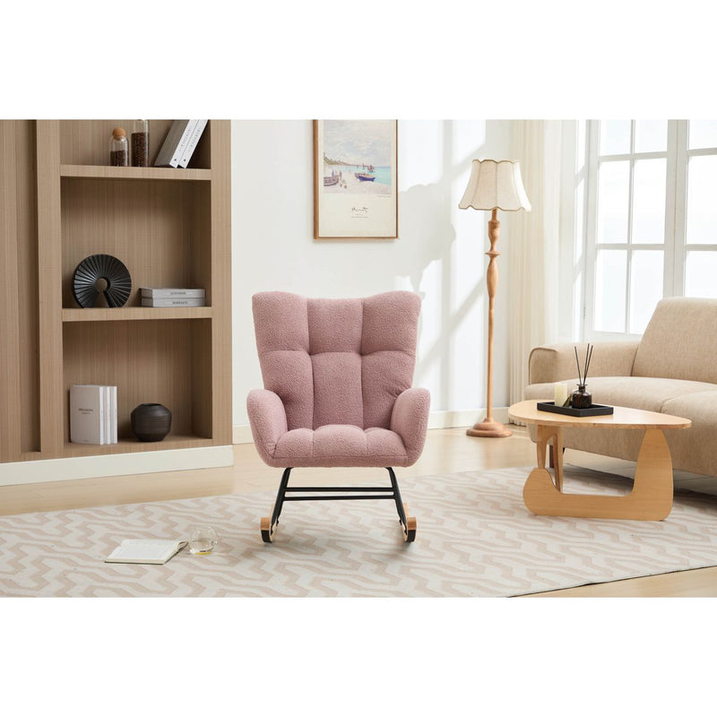 Modern Nursery Rocking Chair Upholstered Glider Chair with High Backrest Rocker Accent Armchair with Solid Wood Legs for Nursery Bedroom Living Room Teddy(Pink)