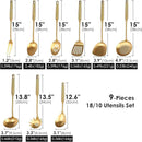 Gold Kitchen Utensils Set - 18/10 Stainless Steel Cooking Tools, 15" All Metal Serving Utensils with Fork, Solid/Slotted Spoon, Spatula, Ladle, Skimmer, Tunner, Pasta Spoon, Large Spoon, Set of 9 by CozyNest Decor