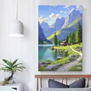 Landscape wall painting of mountain forest lakeside cabin under blue sky and white clouds natural oil painting poster suitable for living room bedroom office by CozyNest Decor
