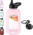 64 oz Glass Water Bottle With Straw and Handle, Half Gallon Sports Motivational Water Jug Flask with Silicone Sleeve, Large Water Cup with Time Marker for Travel, Gym, Blush by CozyNest Decor