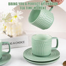 Large Cappuccino Cups with Saucers Set of 4, 8 Ounce Stackable Embossed Ceramic Coffee Mugs for Specialty Coffee Drinks, Latte, Cafe Mocha and Tea, Dishwasher & Microwave Safe (Green) by CozyNest Decor