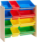 Amazon Basics Kids Toy Storage Organizer With 12 Plastic Bins, Natural Wood With Bright Bins, 10.9" D x 33.6" W x 31.1" H by CozyNest Decor