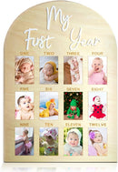 One Year Birthday Wooden Photo Board My First Year Milestone Photo Board 12 Monthly Picture Frame Baby First year Wood Acrylic Sign 1st Birthday Decorations Baby Keepsake Gift (2" x 3" photos - Wallet Size) by TinyTreasures Baby Boutique