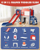 YUFU 12 in 1 Kids Slide for Toddlers, Toddler Slide Playset with Golf, Drawing Board, Climber, Basketball Hoop and Storage Space, Indoor Outdoor Toddler Playground for Kids Age 1-3 (Blue Red) by TinyTreasures Baby Boutique