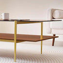Extra Large Rectangle Glass Coffee Table, Mid-Century Modern Design for Living Room, L47 x W24 x H17, Amber Glass Top and Walnut MDF Shelf, Sleek Conical Metal Legs with Gold Finish by CozyNest Decor