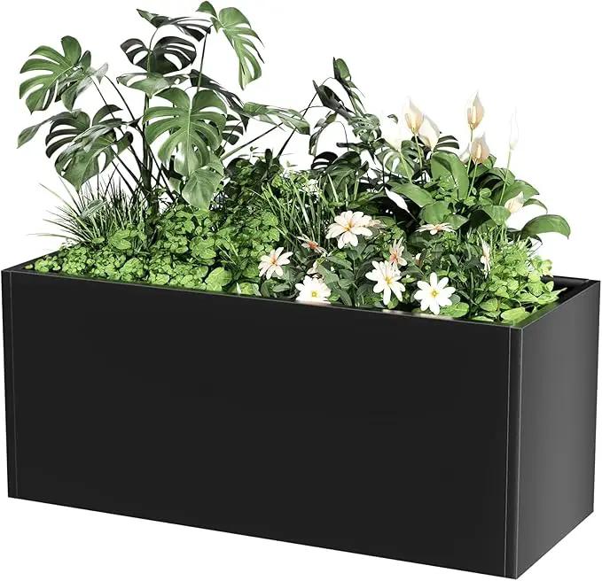 Long Metal Cube Planter for Outdoor Plants 15" W x 38" L x 16.25" H, Heavy Duty Steel Rectangular Planter Box with Removable Insert Shelf, Modern Décor for Outside, Indoor, Garden (Black)