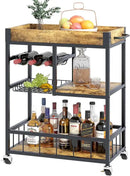 Bar Cart with Basket 3 Tiers Home Rolling Wine Rack with Wheels Mobile Kitchen Industrial Vintage Style Wood Metal Serving Trolley Serving Cart,Glass Holder Bar Cabinet by CozyNest Decor