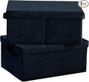 HOONEX Linen Foldable Storage Bins with Lids, 2 Pack, Storage Boxes with Carrying Handles and Sturdy Heavy Cardboard, 16.5" L x 11.8" W x 7.5" H for Shoes, Books, Clothes, Nursery, Dark Grey by TinyTreasures Baby Boutique