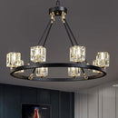 Black Wagon Wheel Chandelier, 8-Light Farmhouse Crystal Chandeleirs with Adjustable Height,Ceiling Hanging Light Fixture Pendant Lights for Living Room,Bedroom,Kitchen Island,Dining Room,Bedroom by CozyNest Decor
