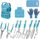 Blue Garden Tool Sets 12-Piece, Aluminum Gardening Hand Tools w/Ergonomic Handle, Garden Supplies Organizer Handbag, Kneeling Pad, Apron and Gloves, Gift for Women, Garden Starter Kit for Women by GreenHaven Gardens