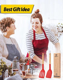 Pack of 2 Silicone Cooking Spatula, Heat Resistant Solid Turner, Non Stick Slotted Spatulas with Wooden Handle,Ideal Wood Kitchen Utensils Set for Frying, Baking, Flipping, Turning (RED) by CozyNest Decor