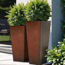 WORTH Garden Large Metal Glazed Planter Set of 2 (25" + 28"), Luxurious Glossy Finish Red Tall Square Tapered Steel Plant Pot, Decor Flower Pot Indoor & Outdoor, Drainage Hole & Dual-Purpose Saucer by CozyNest Decor