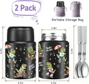 2-Pack Stainless Steel Vacuum Insulated Food Jar with Spoon, Soup Thermo Hot & Cold for Kids & Adults, Leakproof Insulated Lunch Containers with Carry Bag, 17oz.(Black-Dinosaur) by TinyTreasures Baby Boutique