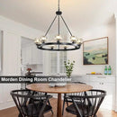 Black Wagon Wheel Chandelier, 36 Inch Black Chandeliers with Unique Glass Shade, 9-Light Crystal Farmhouse Wagon Wheel Chandeliers for Dining Room, Round Chandelier for Living Room, Foyer, Entryway by CozyNest Decor
