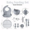 O'doe 11-Piece BPA-Free Silicone Baby Feeding Set | Thick & Soft Suction Plates, Baby Bowls, Wooden Fork & Spoon, and More | Make Mealtime Fun and Easy for Your Little One (Grey, V1) by TinyTreasures Baby Boutique