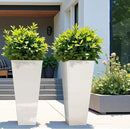 Worth Garden 28" H. Large Metal Glazed Planter Set of 2, Modern Glossy Finish White Tall Square Tapered Steel Flower Plant Pots for Indoor & Outdoor Use - Insert Plate with Drain Holes, Air Vents by CozyNest Decor
