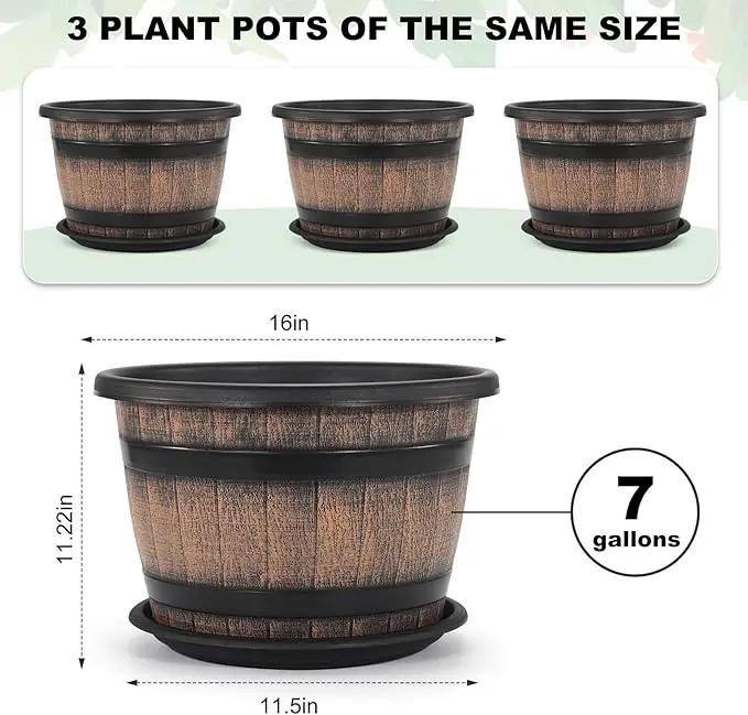 Quarut Large Plastic 3 Pack16 inch Plant Pots,Whiskey Barrel Planters with Drainage Holes & Saucer.Flower Pots Imitation Wine Barrel Design for Indoor & Outdoor Garden Balcony Plants.7 Gallons(Brown), photo 2 of 7