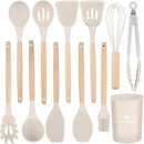 Silicone Cooking Utensils Set, Premium Beech Wood Handle Kitchen Gadgets Utensil Set, Non-Stick Kitchen Utensils Spatula, Tongs, Turner, Whisk, Brush, Spoon, BPA FREE, 446°F Resistant (Khaki) by CozyNest Decor