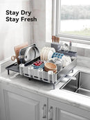 SUNLY Large Dish Drying Rack, Expandable Dish Racks for Kitchen Counter, Space Saving 304 Stainless Steel Drying Rack Kitchen, Extra Large Drainer with Multifunctional Flip Up Pegs, Gray by CozyNest Decor
