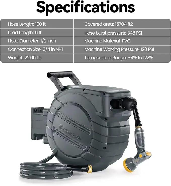 Retractable Garden Hose Reel 5/8 in x 90 ft, 2025 Upgraded Dual Ratchet Lock UV & Freeze Protection Brass Seal Slow Retraction Anti-Tangle Hose 180°Swivel Reinforced Scaffold Wall Mount, photo 9 of 9