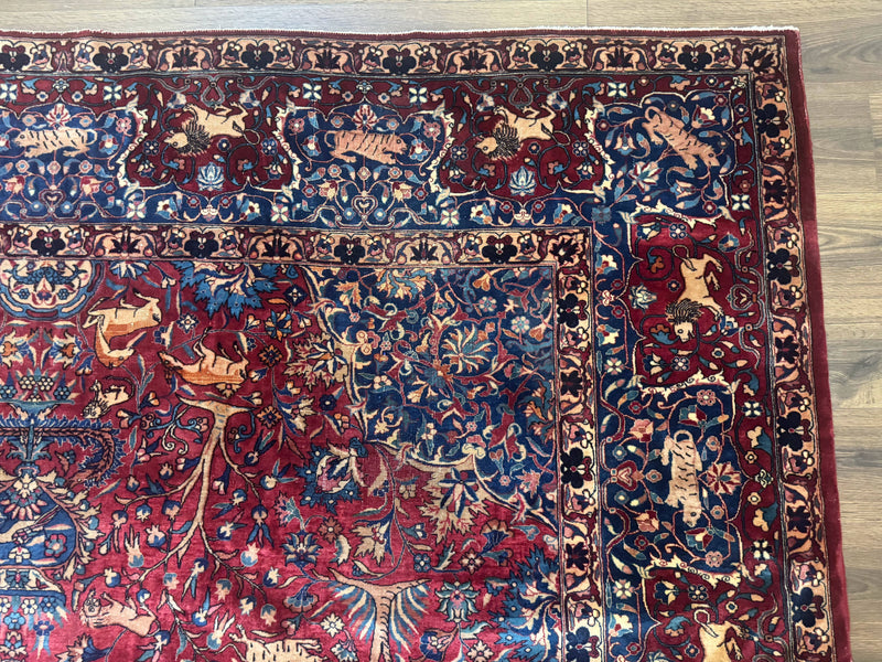 Antique Indo Persian Kerman Rug 9x12 Red Manchester Wool Animal Pictorials, Fine 290 KPSI