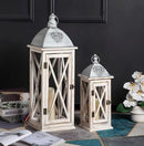 Set of 2 Large Farmhouse Wooden Metal Lanterns, Rustic Decorative Floor Candle Lanterns, Whitewash Distressed Hanging Lanterns for Home Decor (No Glass) by CozyNest Decor