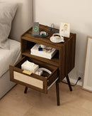 Rattan Nightstand with Outlet,Modern Bedside Table with Storage Drawer and Open Wood Shelf, for Living Room, Bedroom and Small Spaces, Accent Night Stand with Solid Wood Legs,Walnut Brown by CozyNest Decor