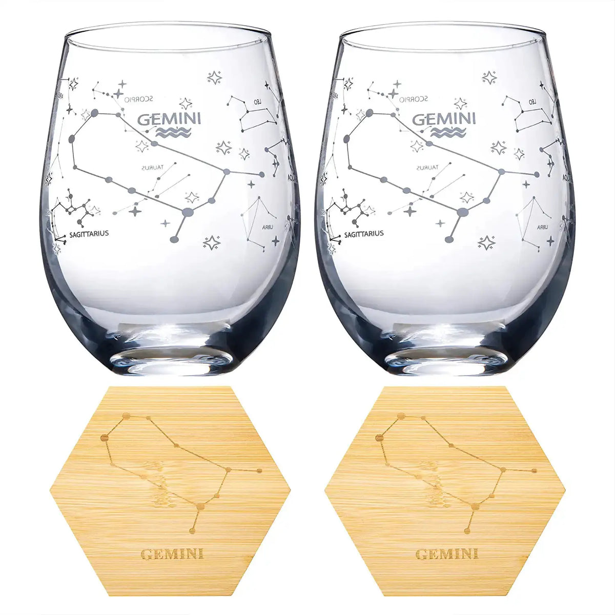 Set Of 2 Zodiac Sign Wine Glasses With 2 Wooden Coasters By Astrology Drinking Glass, photo 5 of 6