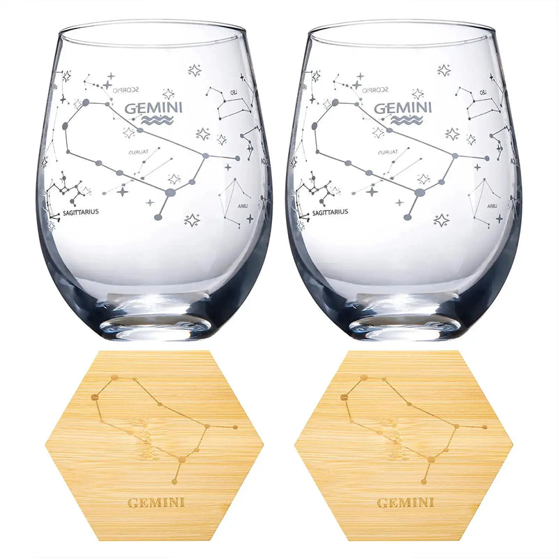 Set Of 2 Zodiac Sign Wine Glasses With 2 Wooden Coasters By Astrology Drinking Glass, photo 5 of 6